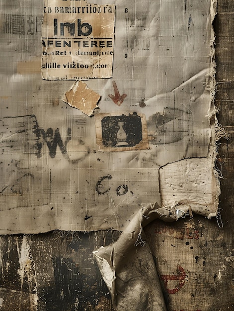 Closeup of a worn and weathered fabric surface with remnants of old posters and other items creating a textured and distressed aesthetic