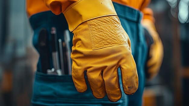 Photo a closeup of a worn yellow leather work glove