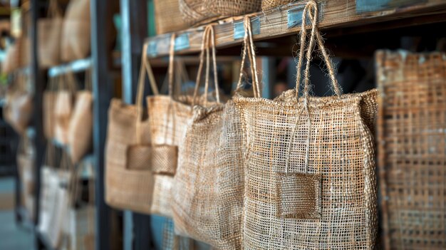 Photo a closeup of woven natural fiber bags hanging on a wooden shelf in a shop