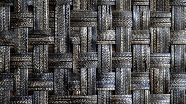 Closeup of a woven texture featuring a complex pattern of interlaced black and brown strips