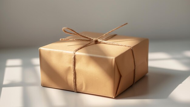 Photo closeup of a wrapped parcel or package in simple brown paper with twine or string