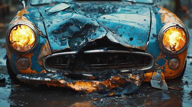 Photo closeup of a wrecked vintage car with a damaged front end and headlights lit up