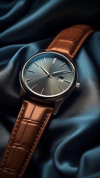 closeup of a wristwatch with a leather strap on a black satin background