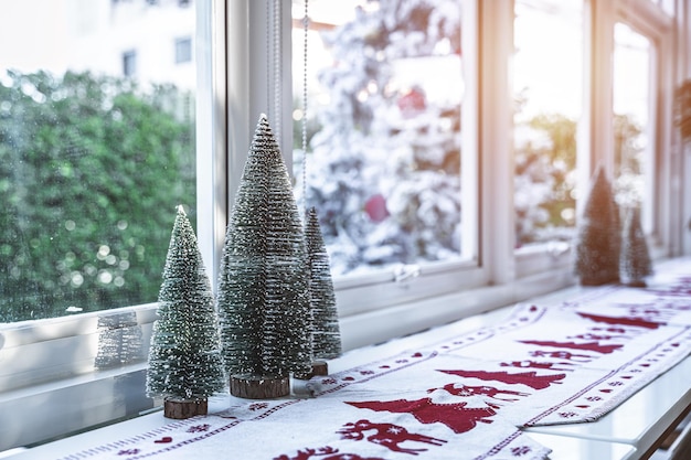 Closeup of Xmas decors and Xmas tree baubles on wood desk Celebrating Merry Christmas and New year