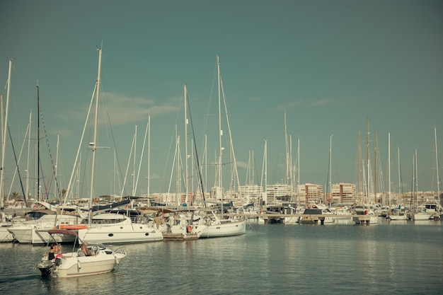 Closeup of yachts in the marina at sea