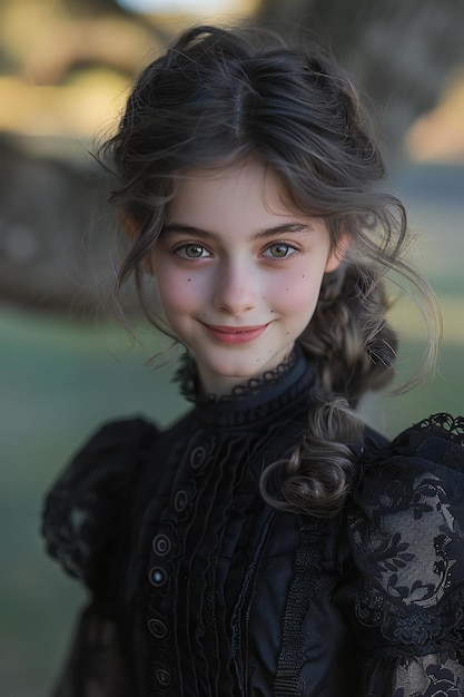 Photo closeup of a yearold vampire girl smiling at the camera