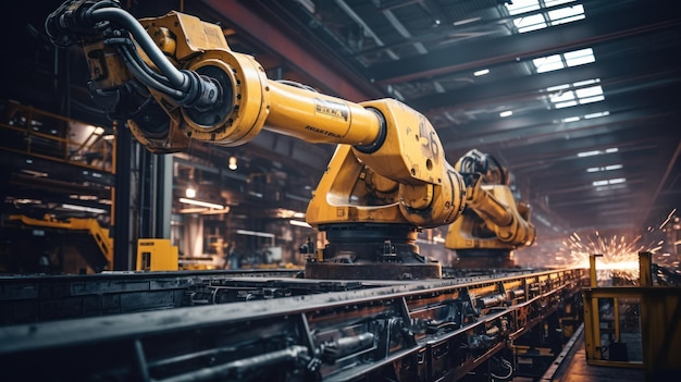 Closeup yellow arm robot welding metal pipe part in industry factory