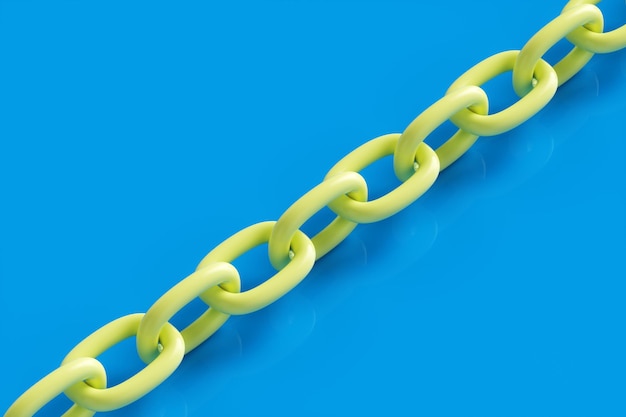 Closeup of a yellow chain on a blue background 3d rendering illustration