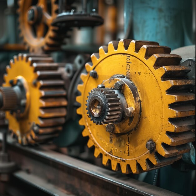 Photo closeup of yellow industrial gears in a production line