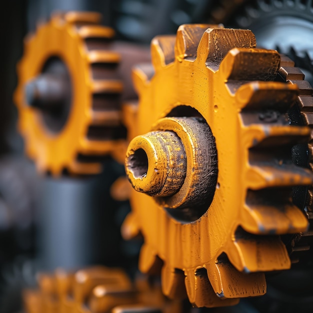 Photo closeup of yellow industrial gears in a production line