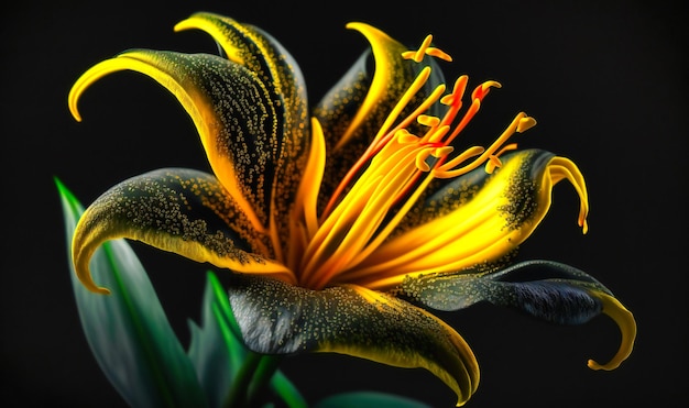 A closeup of a yellow lily its intricate stamen and soft petals filling the frame on a dark background