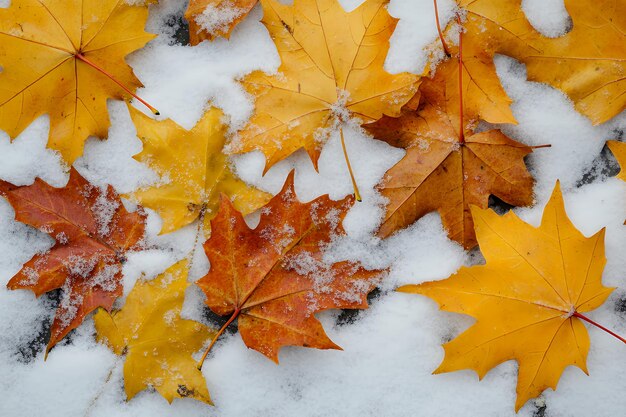 Closeup of yellow and orange autumn leaves on a snowy ground