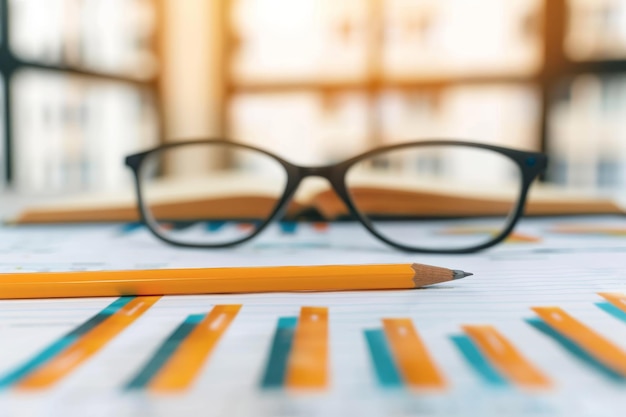 Photo closeup of a yellow pencil lying on a business graph with glasses and open notebook in background concept of data analysis planning and education