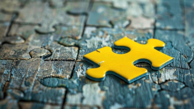 Closeup yellow puzzle piece is on a wooden surface