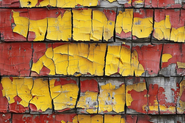 A closeup of yellow and red cracked paint on wood showcasing the intricate details of each crack in