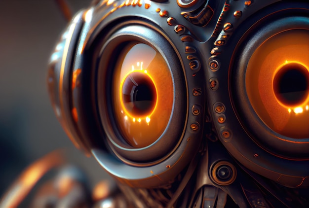 Closeup of yellow robot eyes with metallic structure background Technology and Innovation concept Generative AI