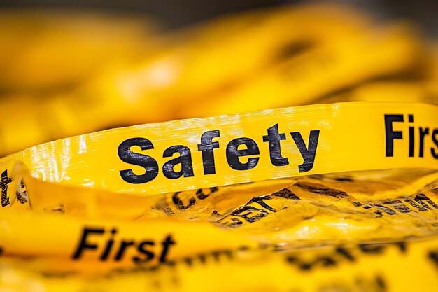 Photo closeup of yellow safety tape with quotsafety firstquot text