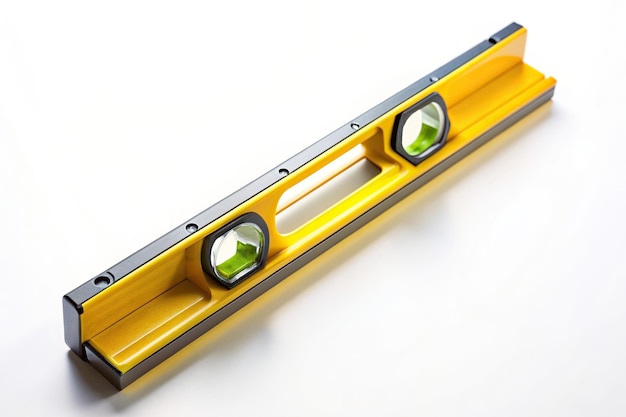 Photo closeup of a yellow spirit level tool isolated on a white background from a high angle perspective straight white background hardware bubble yellow diy accuracy balance