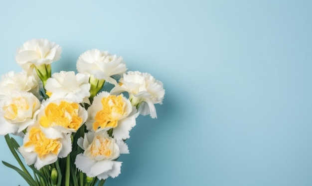 Closeup of yellow and white carnations representing love and fascination beautifully juxtaposed with a serene blue background AI Generative