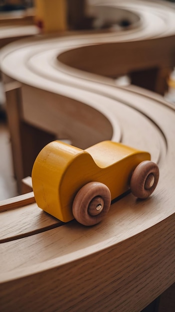 Photo closeup of a yellow wooden toy car lying on its side on a wooden track