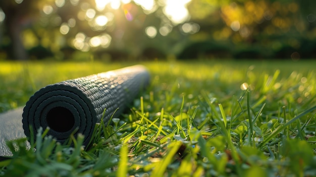 closeup yoga mat On the grass