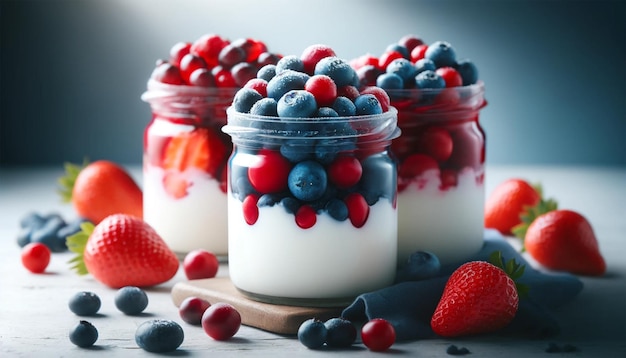 CloseUp of Yogurt Jars with Cranberries Strawberries and Blueberries