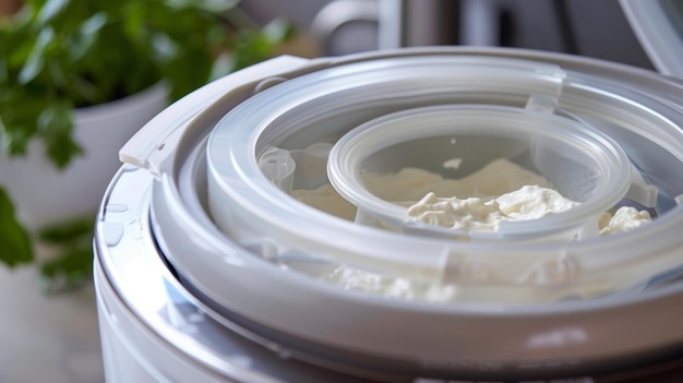 Photo a closeup of a yogurt makers removable lid with a builtin straining attachment for making greekstyle