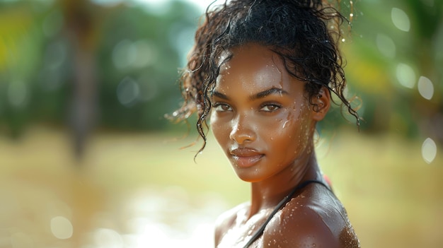 CloseUp of Young Adult Woman in Sports Clothing with Wet Skin Outdoors