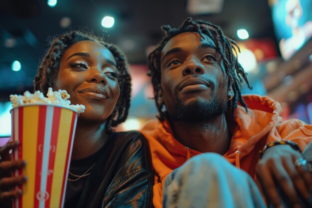 Closeup of young cheerful african american couple watching a movie in cinema theater happy smiling