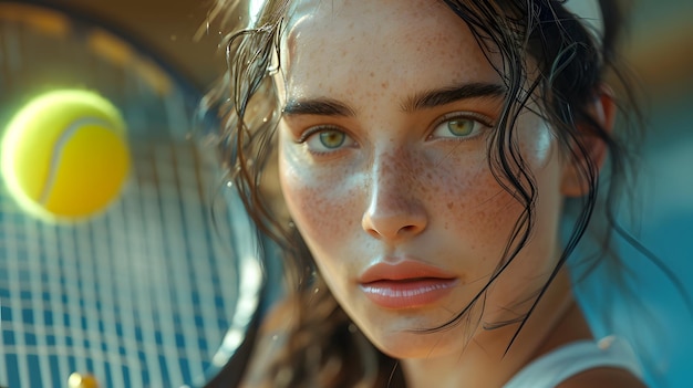 Closeup of a young female athlete with a tennis racket and ball showcasing determination and focus