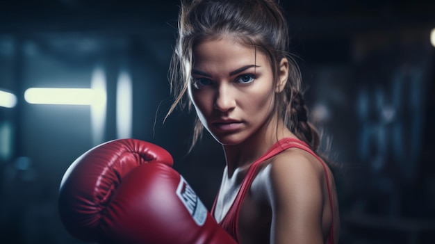 Closeup of a young female boxer in boxing red gloves training in a boxing ring Sports Training Healthy lifestyle Competitions Championships Strength and Energy concepts