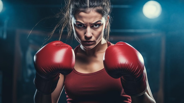 Closeup of a young female boxer in boxing red gloves training striking a direct blow in the boxing ring Sports Training Healthy lifestyle Competitions Championships Strength and Energy concept