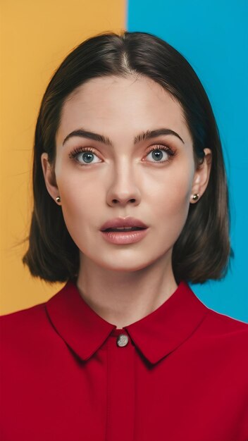 Photo closeup of young female professional making eye contact against colored background