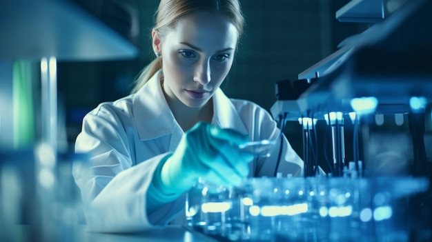 Closeup of a young female scientist conducting experiments conducting analyses in a modern scientific medical laboratory Healthcare pharmaceuticals microbiology biotechnology biology concepts