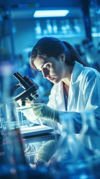 Closeup of a young female scientist conducting tests using a microscope in a modern scientific medical laboratory Healthcare pharmaceuticals microbiology biotechnology biology concepts