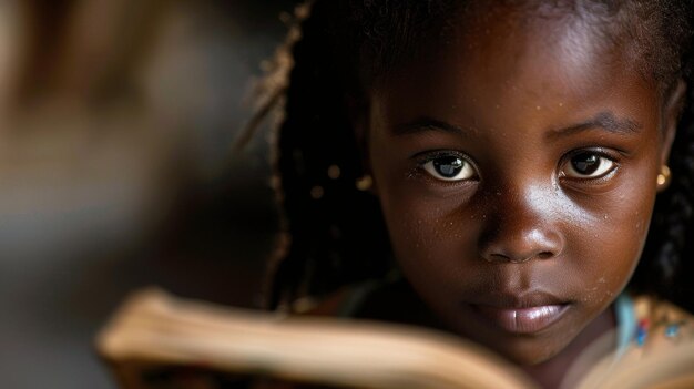 Closeup of a young girl intently reading a book emphasizing the power of education in arming girls