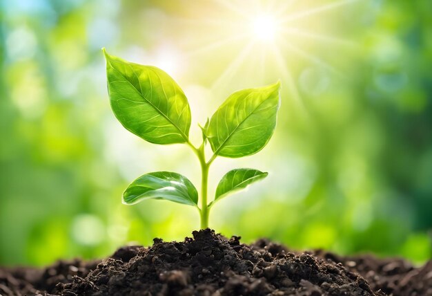 Closeup of a young green plant growing out of the soil with a blurred background of a forest