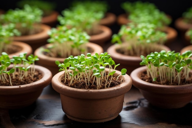 Closeup young green sprouts grow in clay pot