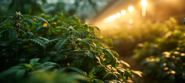 Closeup of young hemp plants in the vegetative stage modern greenhouse equipped with bright and warm