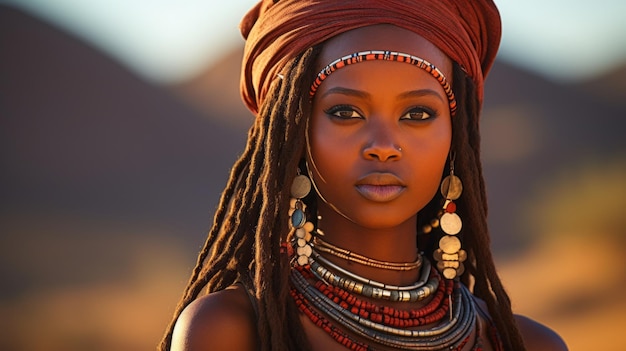 Closeup of a young Himba woman wearing traditional clothes necklaces Jewelry Dreadlocks Earrings looking at the camera in the nature of Namibia Africa