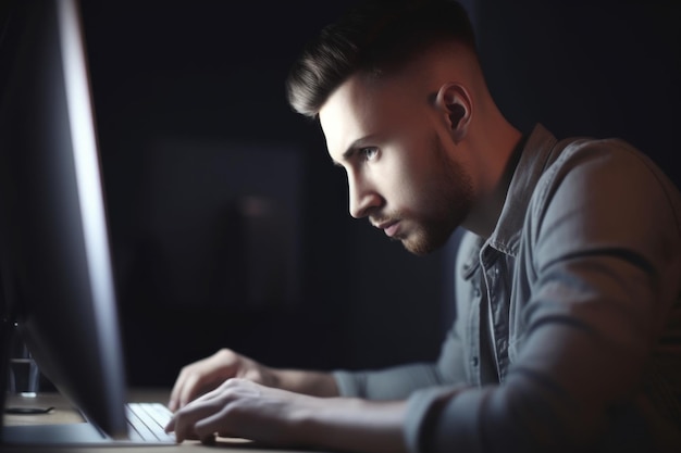 Closeup of a young male designer working on his computer created with generative ai