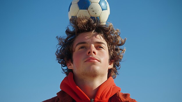 Photo closeup of young man balancing soccer ball on head against blue sky