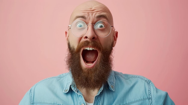 closeup of a young man with a beard wearing round glasses and a denim shirt looking surprised with his mouth wide open against a pink background