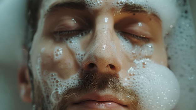 Photo closeup of a young mans face covered in soap suds with eyes closed capturing a moment of cleansing and calm