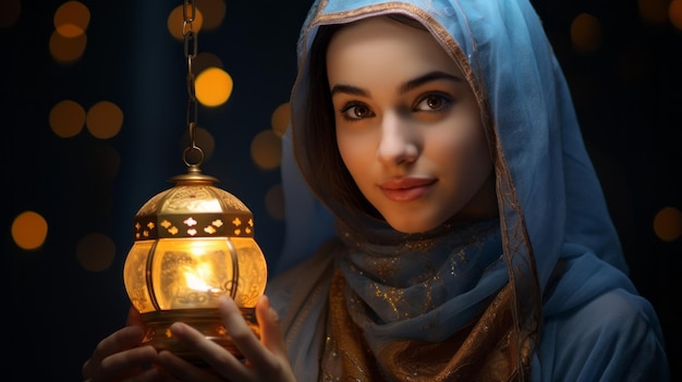 Closeup of young Muslim woman wearing a traditional oriental dress and hijab holding a lantern in her hand looking at the camera on a dark background Religion Islam Ramadan Eid alAdha concepts