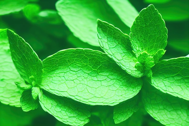 Closeup of young peppermint bushes and veined leaves illuminated by the rays of the sun