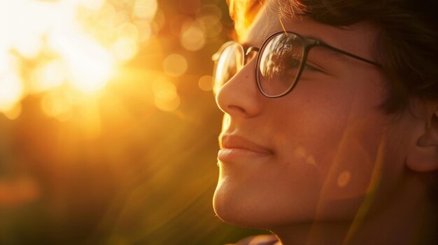 Closeup of a young person39s face basking in sunbeams wearing glasses