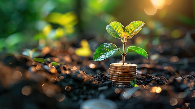 Closeup of a young plant growing from a stack of coins on soil with a bokeh background symbolizing f