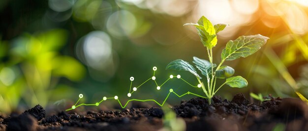 Photo closeup of a young plant growth with a digital data graph overlay symbolizing agriculture technology and sustainable farming solutions