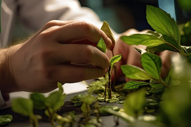 Closeup of a young plant in the hands of a man